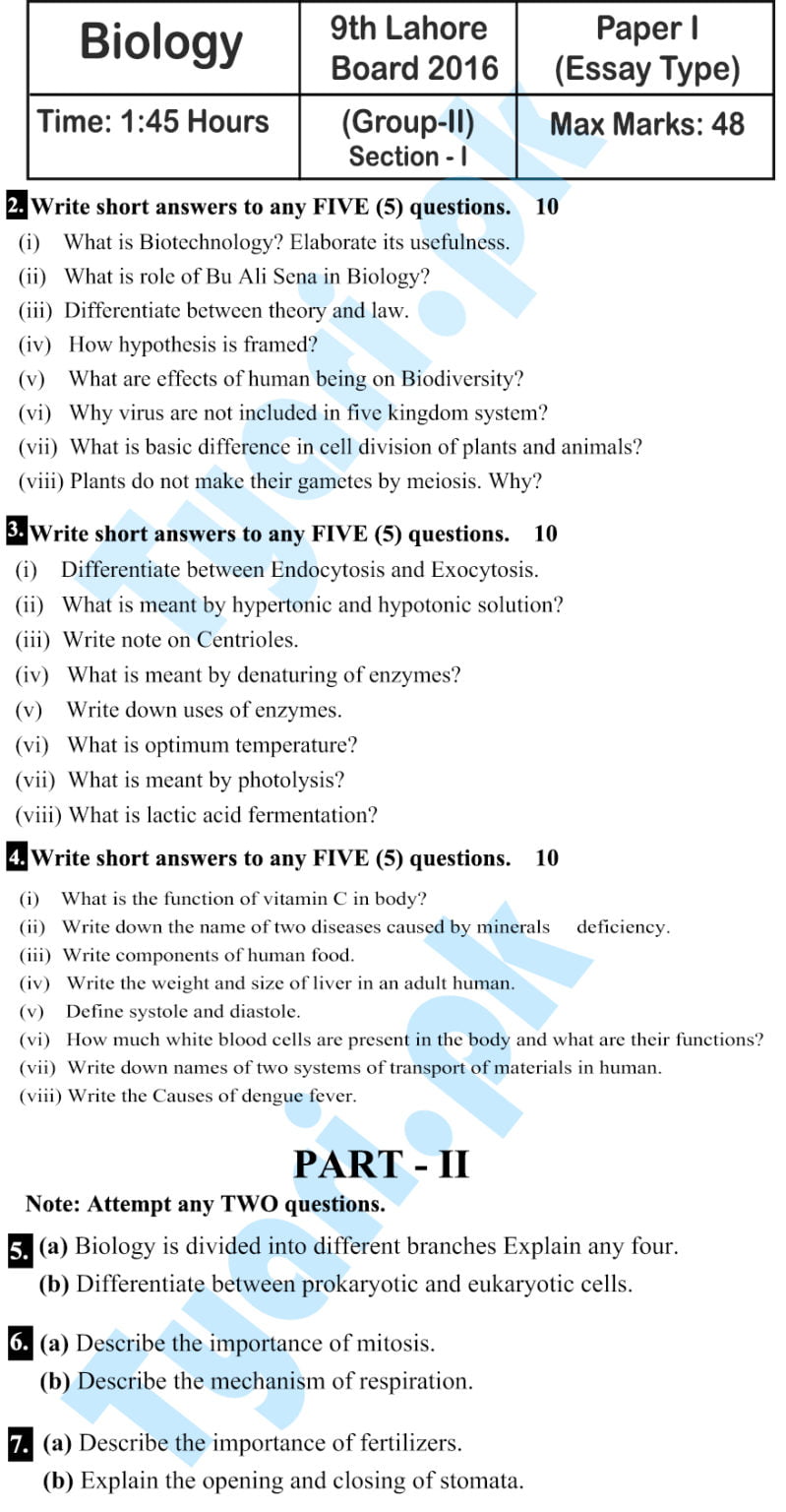 Lahore Board Th Class Biology Subjective Past Paper English Medium Group Nd Tyari Pk